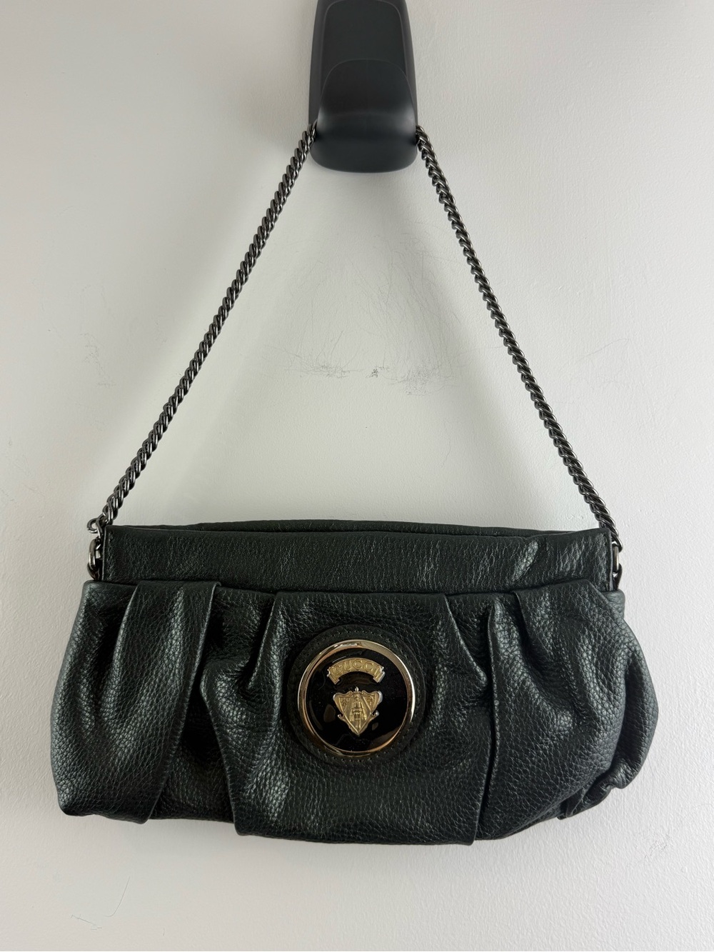 Authentic GUCCI Black Pebbled Leather Crest Plaque Chain Shoulder Bag
